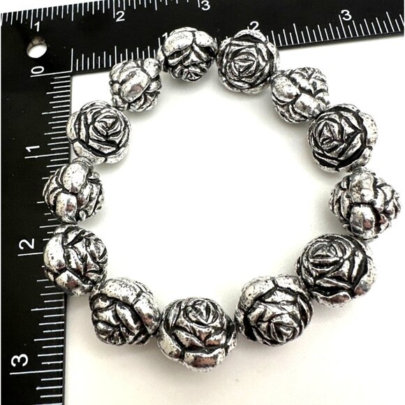 Coquette Rose Antiqued Silver Bead Bracelet Acrylic Flower Floral Granny Sweet - Picture 3 of 4